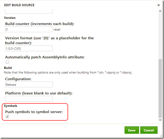 Configure symbol server behaviour in build services