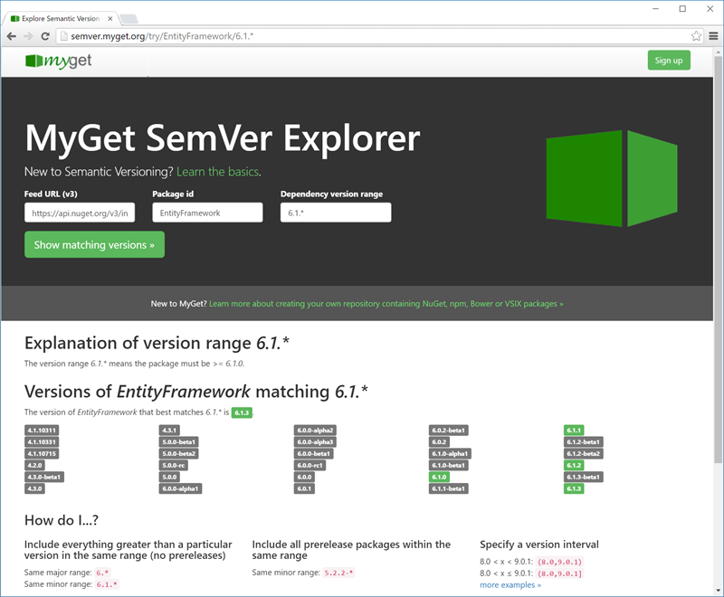 NuGet dependency range explorer