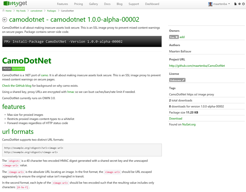 MyGet showing GitHub readme contents on package details page