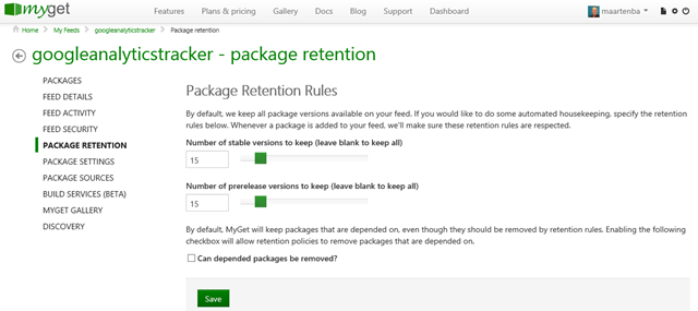 Package retention rules for a feed